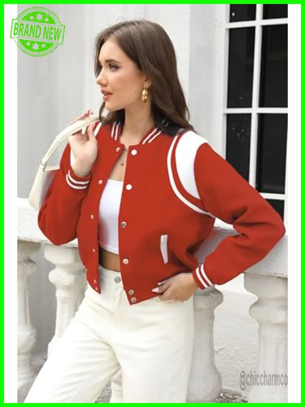 Women's Varsity Bomber Jacket Cropped Button Down with Pockets